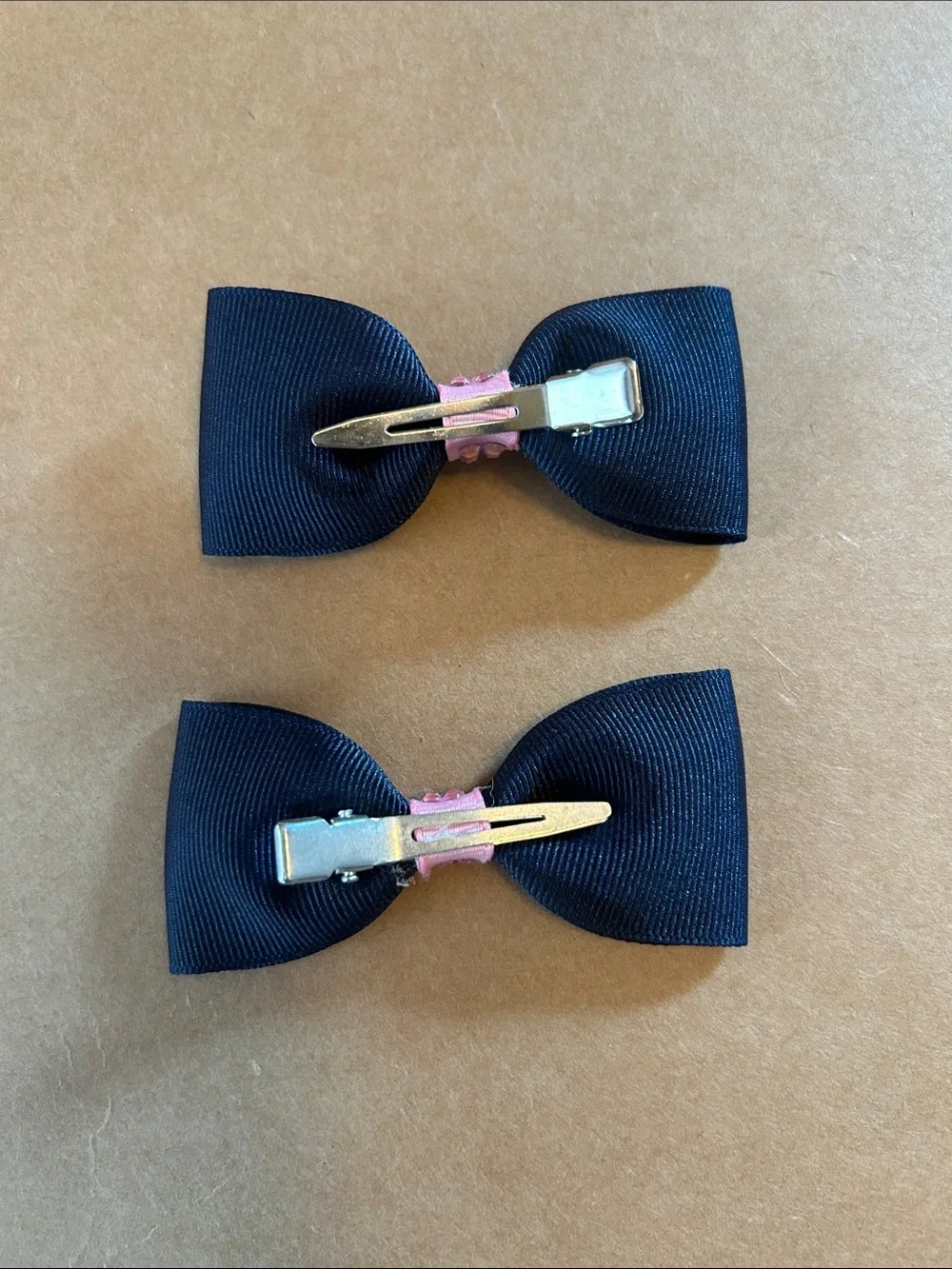 Navy Bow Hair Clips with Pink Rhinestone Center - Kids Accessories